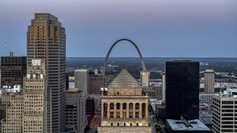 DXP001_036_0014 - Aerial stock photo of Gateway Arch at twilight, visible from a courthouse in Downtown St. Louis, Missouri