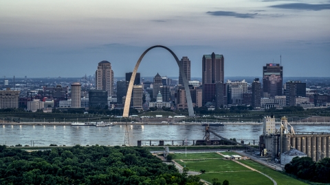 DXP001_037_0017 - Aerial stock photo of Gateway Arch and the skyline of Downtown St. Louis, Missouri, at twilight