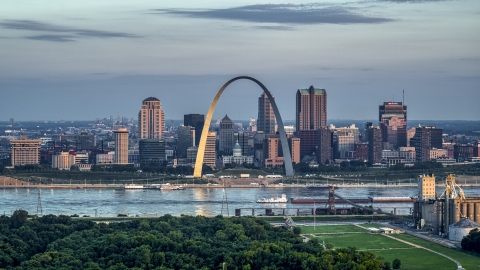 DXP001_038_0004 - Aerial stock photo of A view of the Gateway Arch by the Mississippi River at sunrise in Downtown St. Louis, Missouri