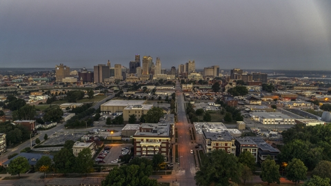 DXP001_039_0002 - Aerial stock photo of The city skyline at sunrise in Downtown Kansas City, Missouri