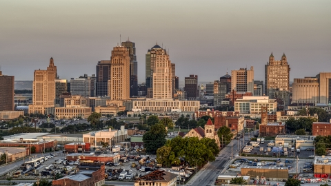 DXP001_040_0001 - Aerial stock photo of The city skyline at sunrise, Downtown Kansas City, Missouri