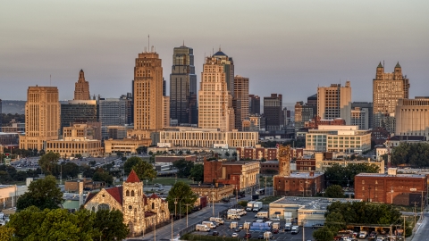 DXP001_040_0003 - Aerial stock photo of A view of the city skyline at sunrise, Downtown Kansas City, Missouri