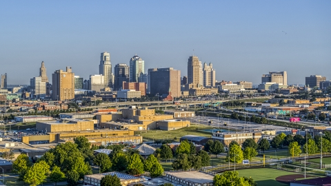 DXP001_041_0001 - Aerial stock photo of A view of the city's downtown skyline at sunrise, Downtown Kansas City, Missouri