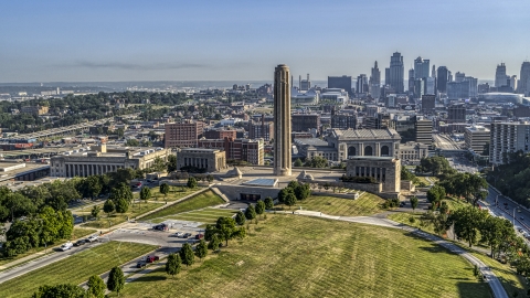DXP001_043_0003 - Aerial stock photo of The WWI memorial with downtown skyline visible in background, in Kansas City, Missouri