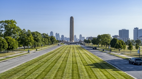 DXP001_043_0009 - Aerial stock photo of A view of the WWI memorial from green lawn in Kansas City, Missouri