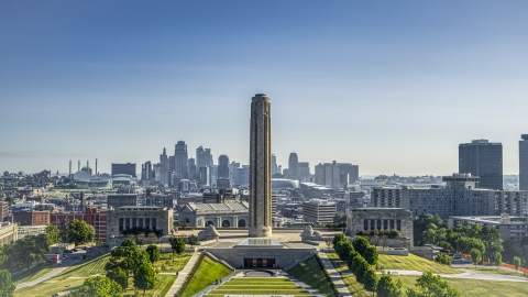 DXP001_043_0012 - Aerial stock photo of WWI memorial in front of the Downtown Kansas City, Missouri skyline