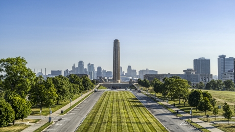 DXP001_043_0013 - Aerial stock photo of The historic WWI memorial in Kansas City, Missouri