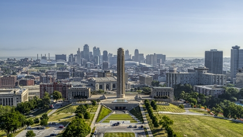 DXP001_043_0014 - Aerial stock photo of The historic WWI memorial and the Downtown Kansas City, Missouri skyline