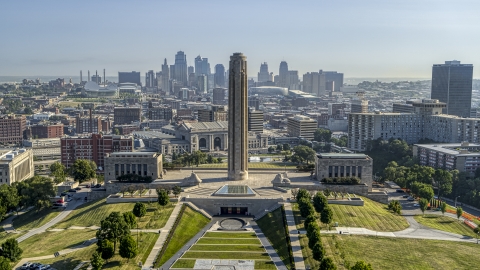 DXP001_043_0016 - Aerial stock photo of WWI Museum and Memorial in foreground, and skyline of Kansas City, Missouri in background