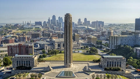 DXP001_043_0017 - Aerial stock photo of Close-up view of the WWI Museum and Memorial with the Kansas City, Missouri skyline behind it
