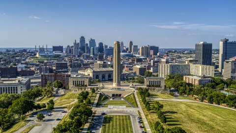 DXP001_044_0011 - Aerial stock photo of The WWI memorial and the city's skyline in Kansas City, Missouri