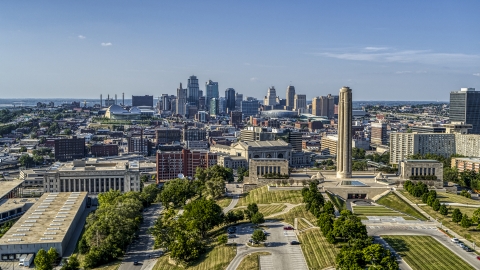 DXP001_044_0012 - Aerial stock photo of The city's downtown skyline and the WWI memorial in Kansas City, Missouri