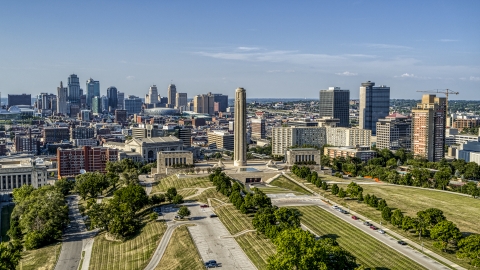 DXP001_044_0013 - Aerial stock photo of A view of the city's downtown skyline, the WWI memorial, and office buildings in Kansas City, Missouri