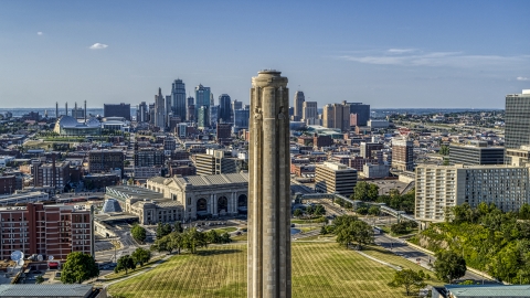 DXP001_044_0015 - Aerial stock photo of The city skyline and close-up of the WWI memorial, Kansas City, Missouri