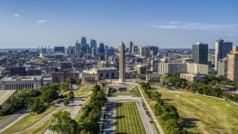 DXP001_044_0016 - Aerial stock photo of Historic WWI memorial between the city skyline and office buildings in Kansas City, Missouri
