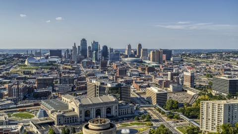 DXP001_044_0017 - Aerial stock photo of The Downtown Kansas City, Missouri skyline seen from historic train station