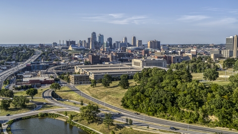 DXP001_045_0002 - Aerial stock photo of A government office building and city's skyline in the background, Kansas City, Missouri