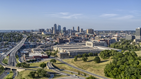 DXP001_045_0003 - Aerial stock photo of Government office building in foreground with view of city's skyline, Downtown Kansas City, Missouri