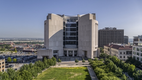 DXP001_049_0003 - Aerial stock photo of Federal courthouse seen from a park in Downtown Kansas City, Missouri