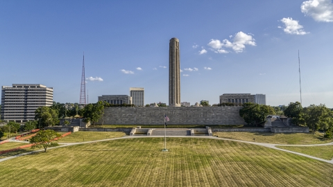 DXP001_050_0002 - Aerial stock photo of The WWI memorial and museum seen from a park in Kansas City, Missouri
