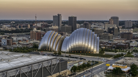 DXP001_051_0006 - Aerial stock photo of Kauffman Center for the Performing Arts concert hall at sunset in Downtown Kansas City, Missouri