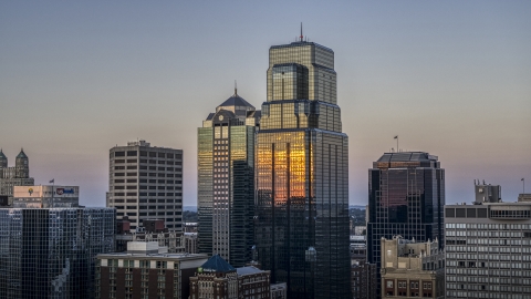 DXP001_051_0008 - Aerial stock photo of A view of city skyscrapers at sunset in Downtown Kansas City, Missouri