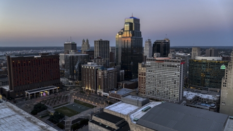 DXP001_051_0019 - Aerial stock photo of Skyscrapers and office buildings at twilight in Downtown Kansas City, Missouri