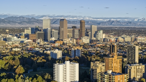DXP001_052_0005 - Aerial stock photo of The city skyline of Downtown Denver, Colorado at sunrise