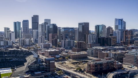 DXP001_054_0001 - Aerial stock photo of The tall skyscrapers of the Downtown Denver, Colorado skyline