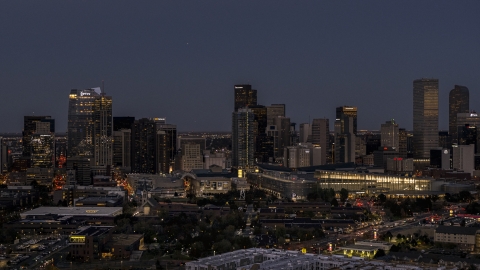 DXP001_057_0004 - Aerial stock photo of The city's towering skyscrapers and convention center at twilight, Downtown Denver, Colorado