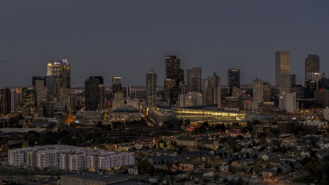 DXP001_057_0006 - Aerial stock photo of The convention center and city skyline at twilight, Downtown Denver, Colorado