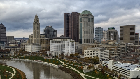 DXP001_087_0002 - Aerial stock photo of The city skyline by the Scioto River, Downtown Columbus, Ohio
