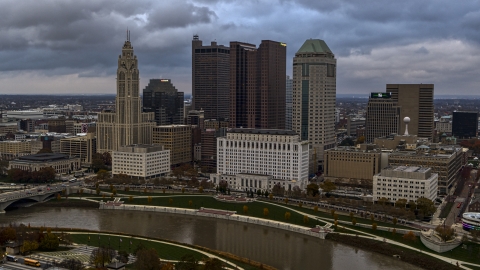 DXP001_087_0004 - Aerial stock photo of The city's skyline by the Scioto River, Downtown Columbus, Ohio