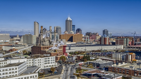 DXP001_089_0001 - Aerial stock photo of The city skyline and brick factory in Downtown Indianapolis, Indiana