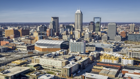 DXP001_090_0003 - Aerial stock photo of The arena and the city's skyline in Downtown Indianapolis, Indiana