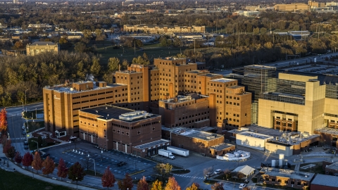 DXP001_092_0002 - Aerial stock photo of A VA hospital complex at sunset in Indianapolis, Indiana