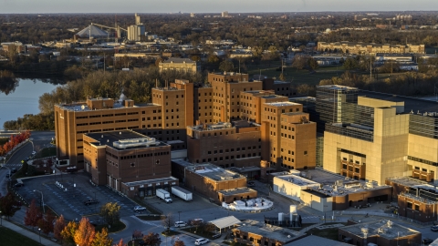 DXP001_092_0003 - Aerial stock photo of View of a VA hospital complex at sunset in Indianapolis, Indiana