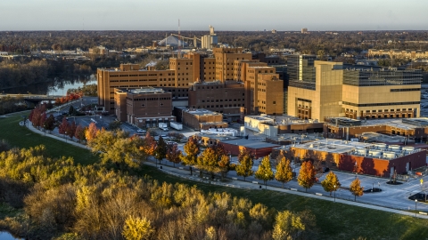 DXP001_092_0004 - Aerial stock photo of The VA hospital complex at sunset in Indianapolis, Indiana
