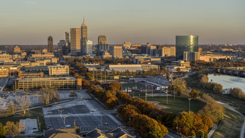 DXP001_092_0006 - Aerial stock photo of A view of the city's skyline at sunset, Downtown Indianapolis, Indiana