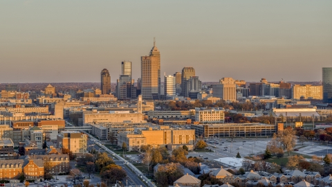 DXP001_092_0011 - Aerial stock photo of A wide view of the city's downtown skyline at sunset, Downtown Indianapolis, Indiana