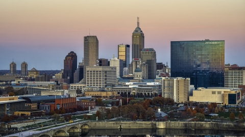 DXP001_092_0017 - Aerial stock photo of The JW Marriott hotel and city's skyline at sunset, Downtown Indianapolis, Indiana