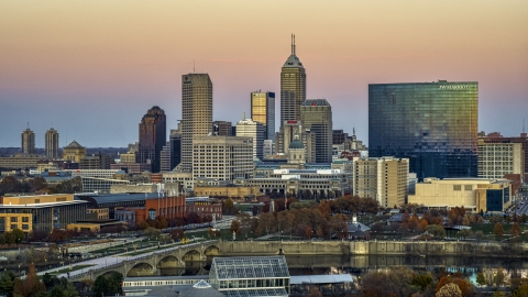 DXP001_092_0018 - Aerial stock photo of The city's skyline and a high-rise hotel at sunset, Downtown Indianapolis, Indiana