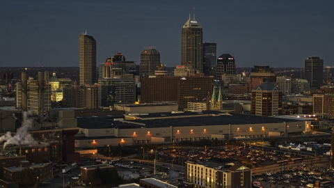 DXP001_093_0002 - Aerial stock photo of A twilight view of the city's skyline, Downtown Indianapolis, Indiana