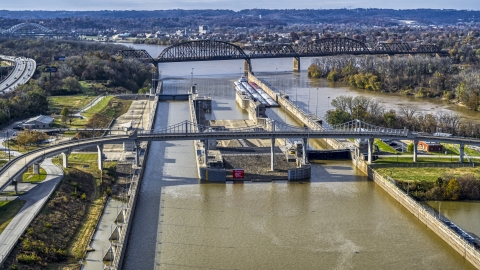 DXP001_094_0012 - Aerial stock photo of Locks and a dam on the Ohio River in Louisville, Kentucky