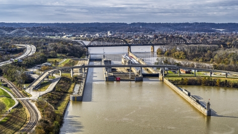 DXP001_094_0014 - Aerial stock photo of A dam and locks on the Ohio River in Louisville, Kentucky