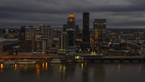 DXP001_096_0011 - Aerial stock photo of The city's skyline at night in Downtown Louisville, Kentucky