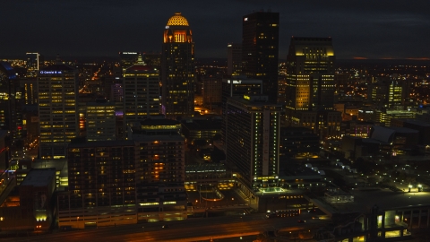 DXP001_096_0021 - Aerial stock photo of The city's skyline at twilight in Downtown Louisville, Kentucky