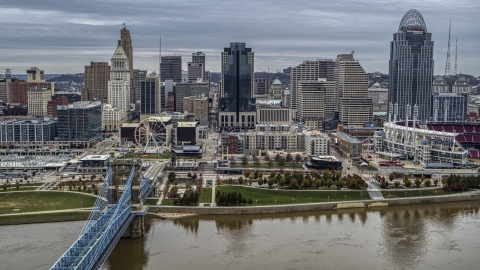 DXP001_097_0007 - Aerial stock photo of City skyline, seen from the Ohio River near bridge, Downtown Cincinnati, Ohio