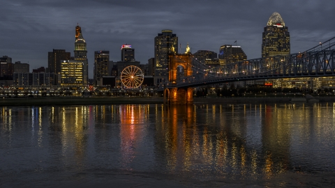 DXP001_098_0011 - Aerial stock photo of The city skyline across the Ohio River at twilight, Downtown Cincinnati, Ohio