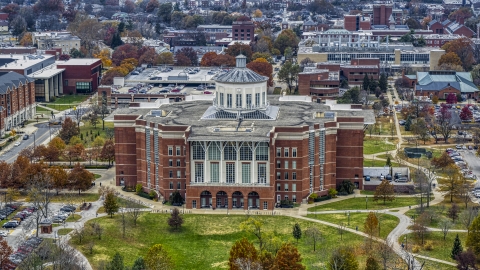 DXP001_100_0010 - Aerial stock photo of A University of Kentucky library, Lexington, Kentucky